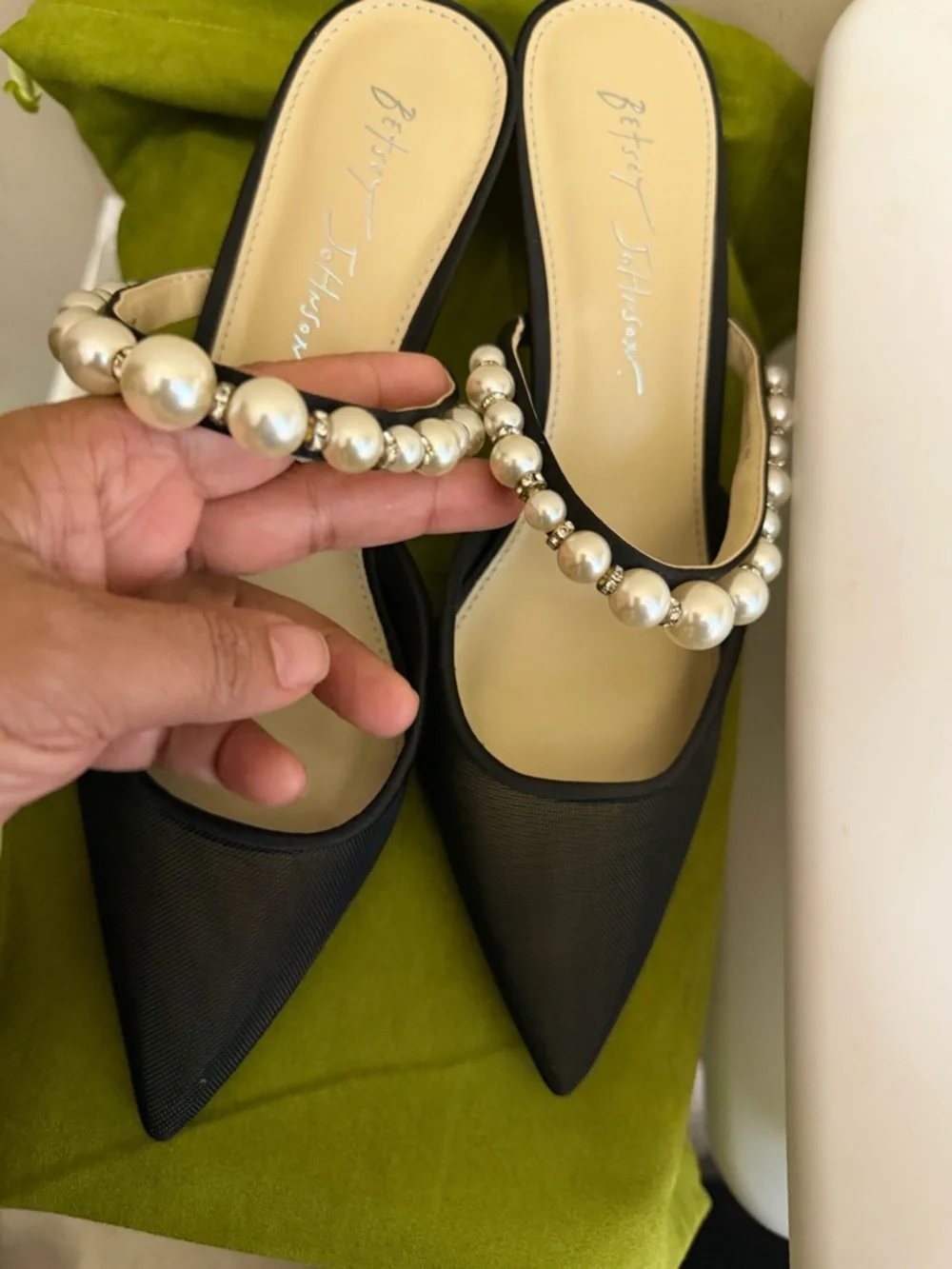 Betsey Johnson Black Pointed Mesh Mules with Pearl Strap - Picture 5 of 7